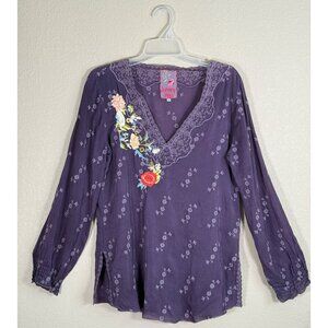 Johnny Was Purple Embroidered V-Neck Long Sleeve Tunic Top